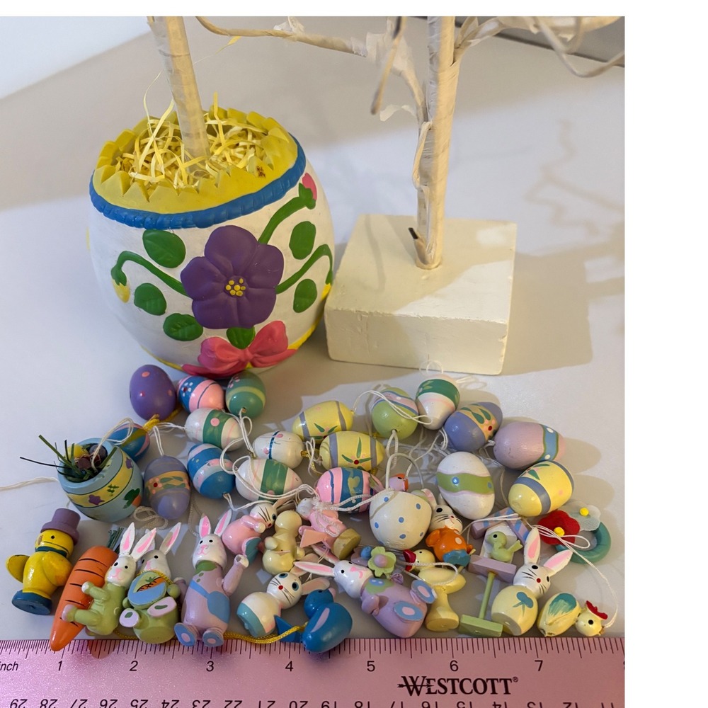 2 Easter Egg Trees with 36‎ Wooden Ornaments Spring Decor Rabbits Ducks Chicks - Picture 2 of 9